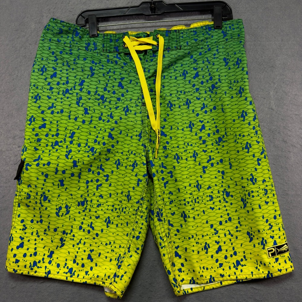 Pelagic Mens Mahi Mahi Fish Scale Board Shorts Green Yellow Blue Size 35